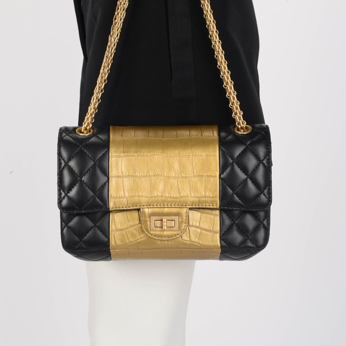 Chanel Black Lambskin Croc Embossed 2.55 Reissue 225 Flap Bag