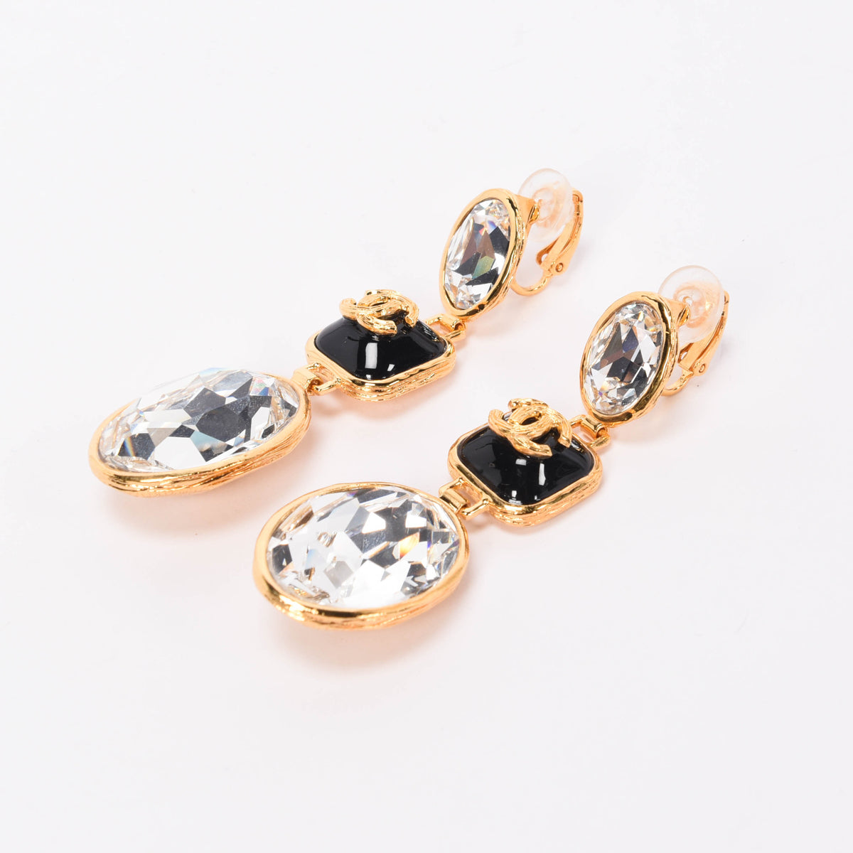 Chanel Gold & Black Crystal CC Clip-on Earrings