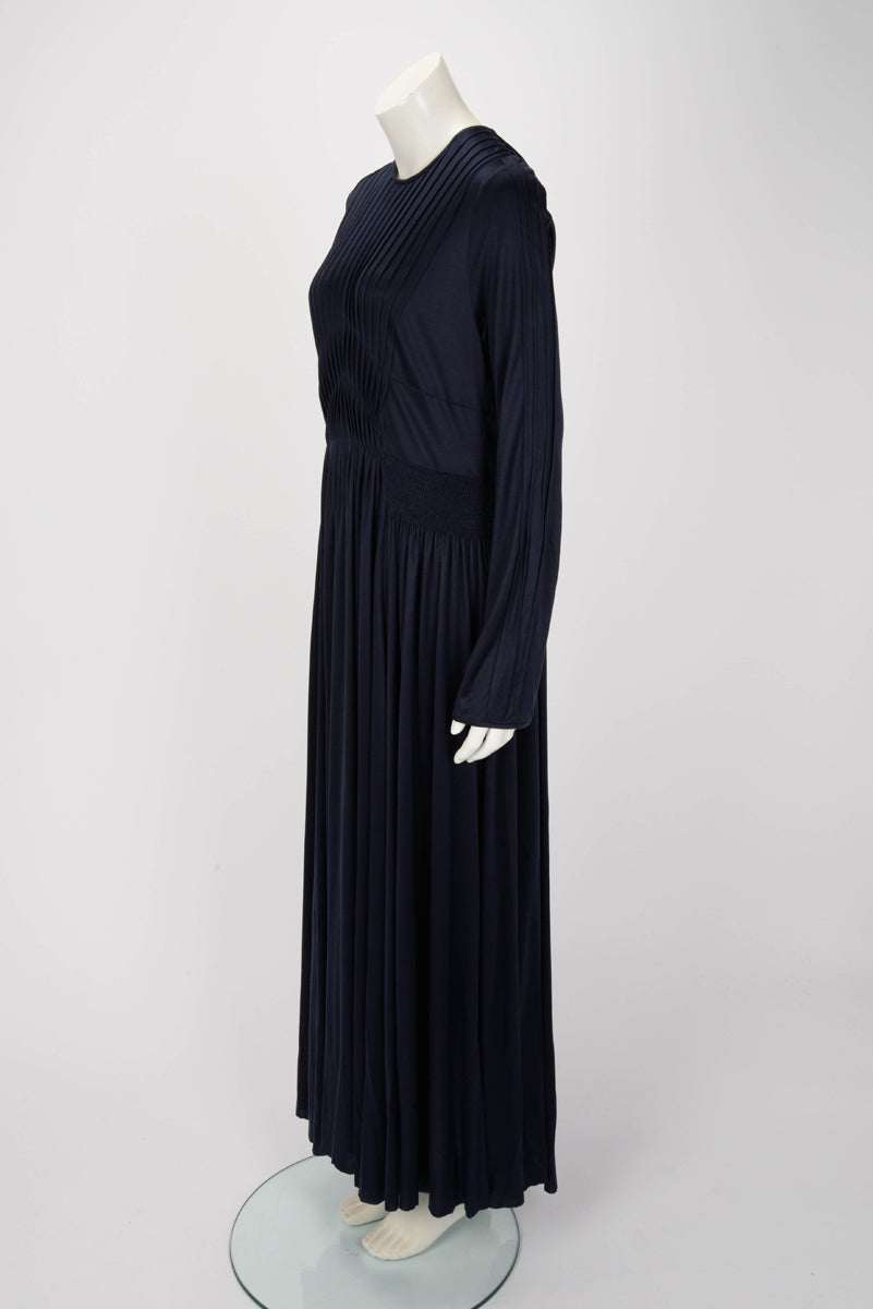 Gabriela Hearst Navy Silk Jersey Pintucked Maxi Dress IT 48