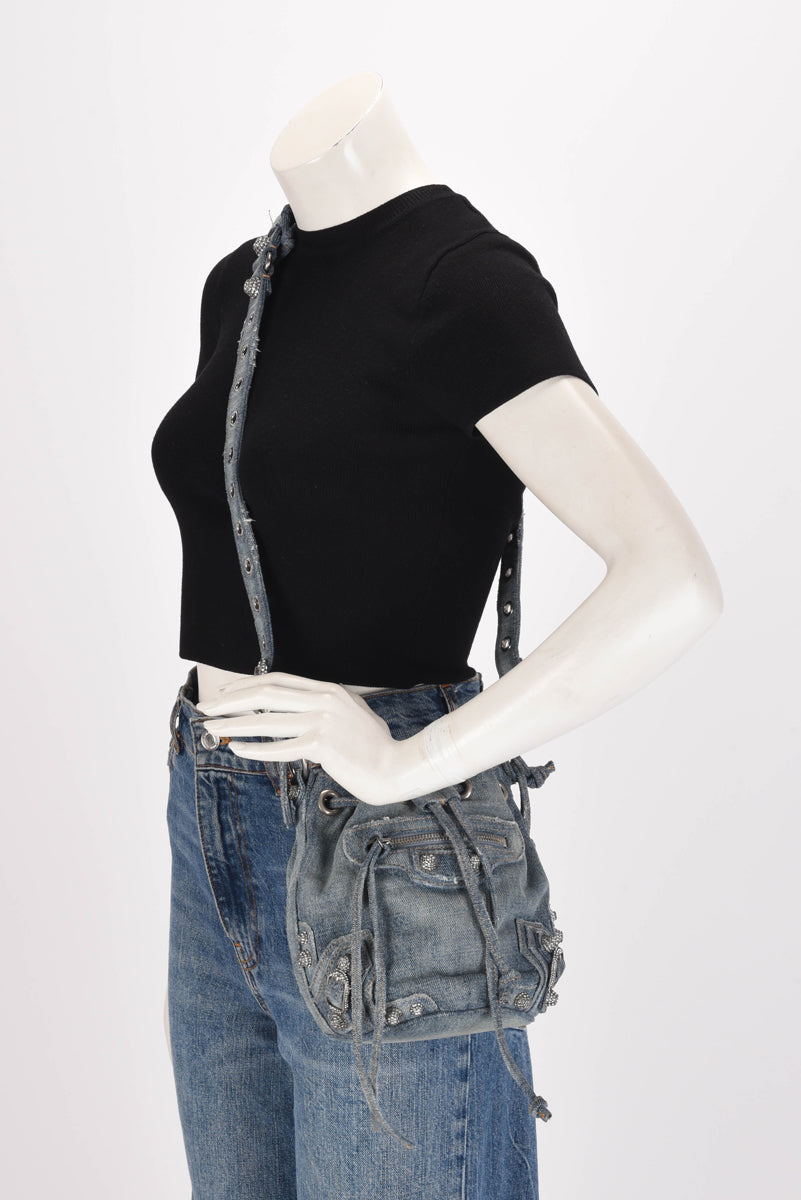 Balenciaga Blue Denim & Crystal BB Monogram Le Cagole Bucket Bag