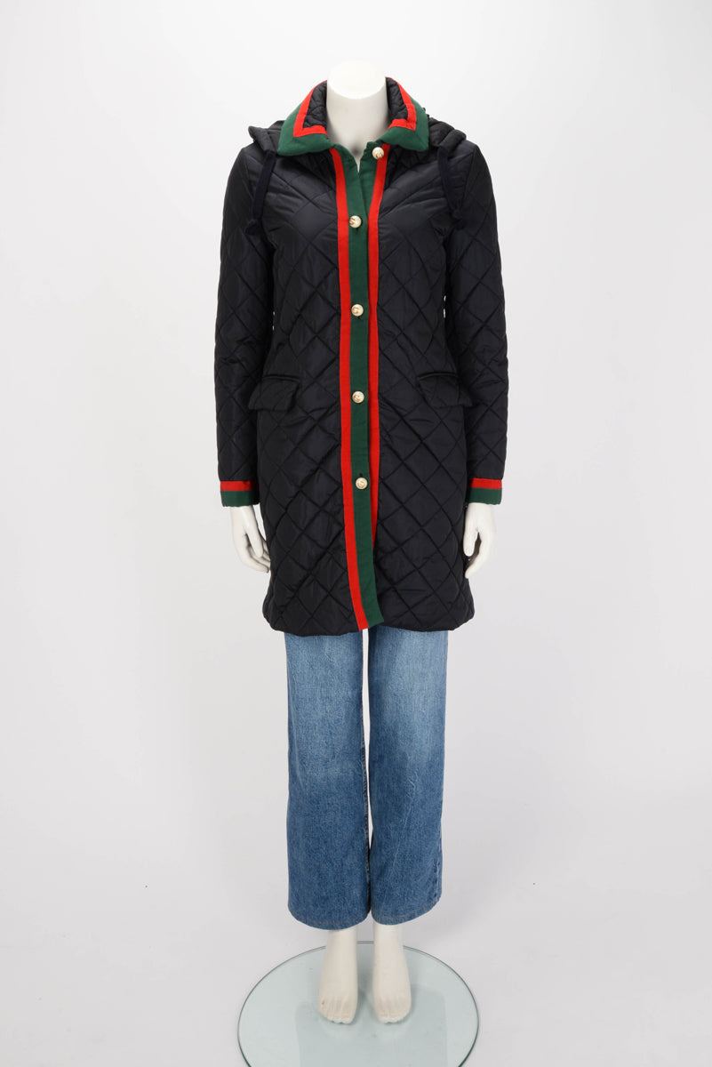 Gucci Navy Quilted Web Trim Long Puffer Jacket IT 42