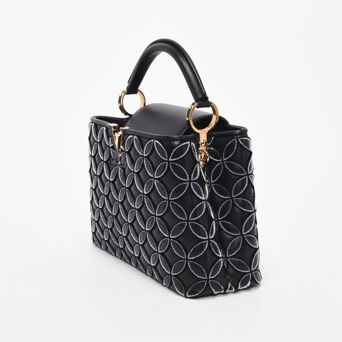 Louis Vuitton Black Lambskin Flocked Flower Capucines BB