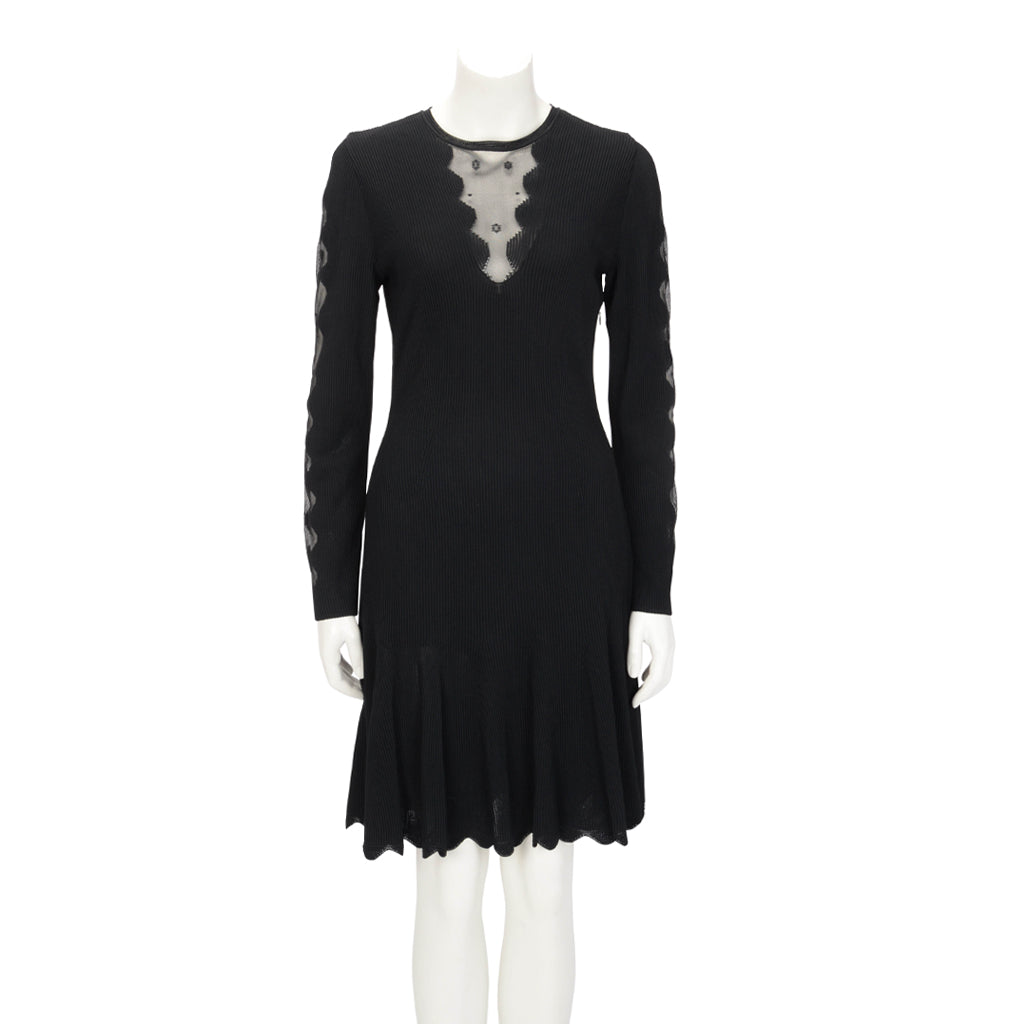 Alexander McQueen Black Ribbed Knit Lace Sleeve Dress L