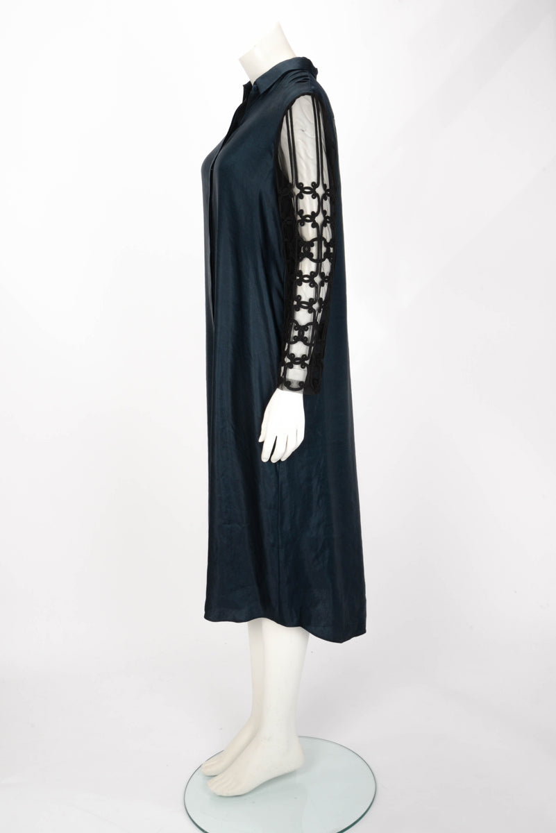 The Row Teal Satin Lace Sleeve Dress US 12