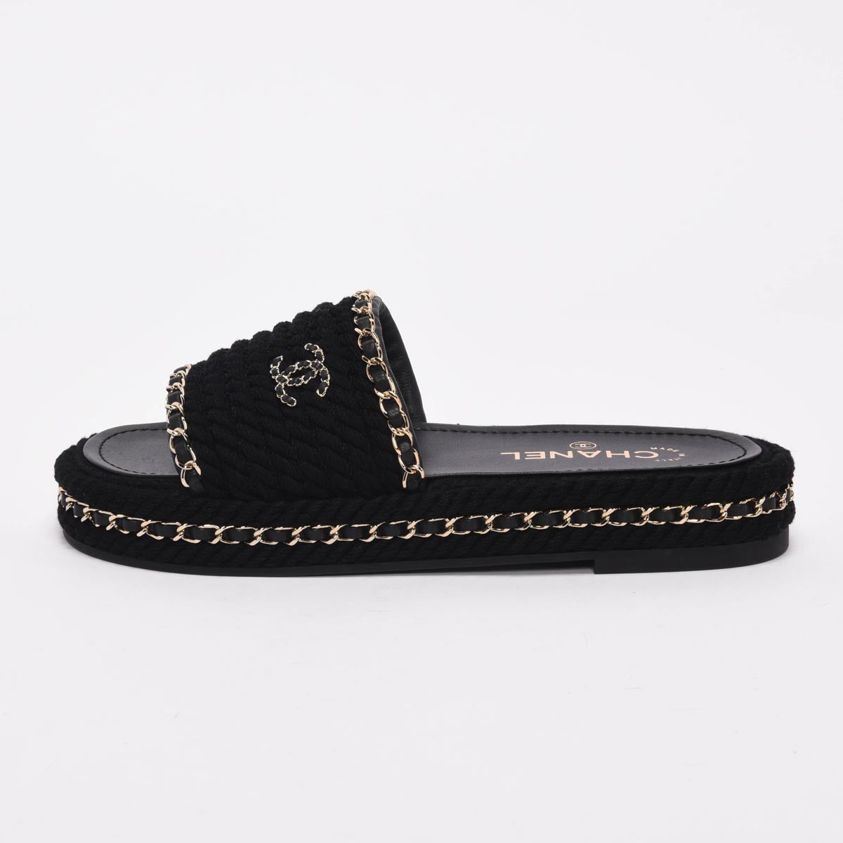 Chanel Black Braided Rope CC Platform Slides 38