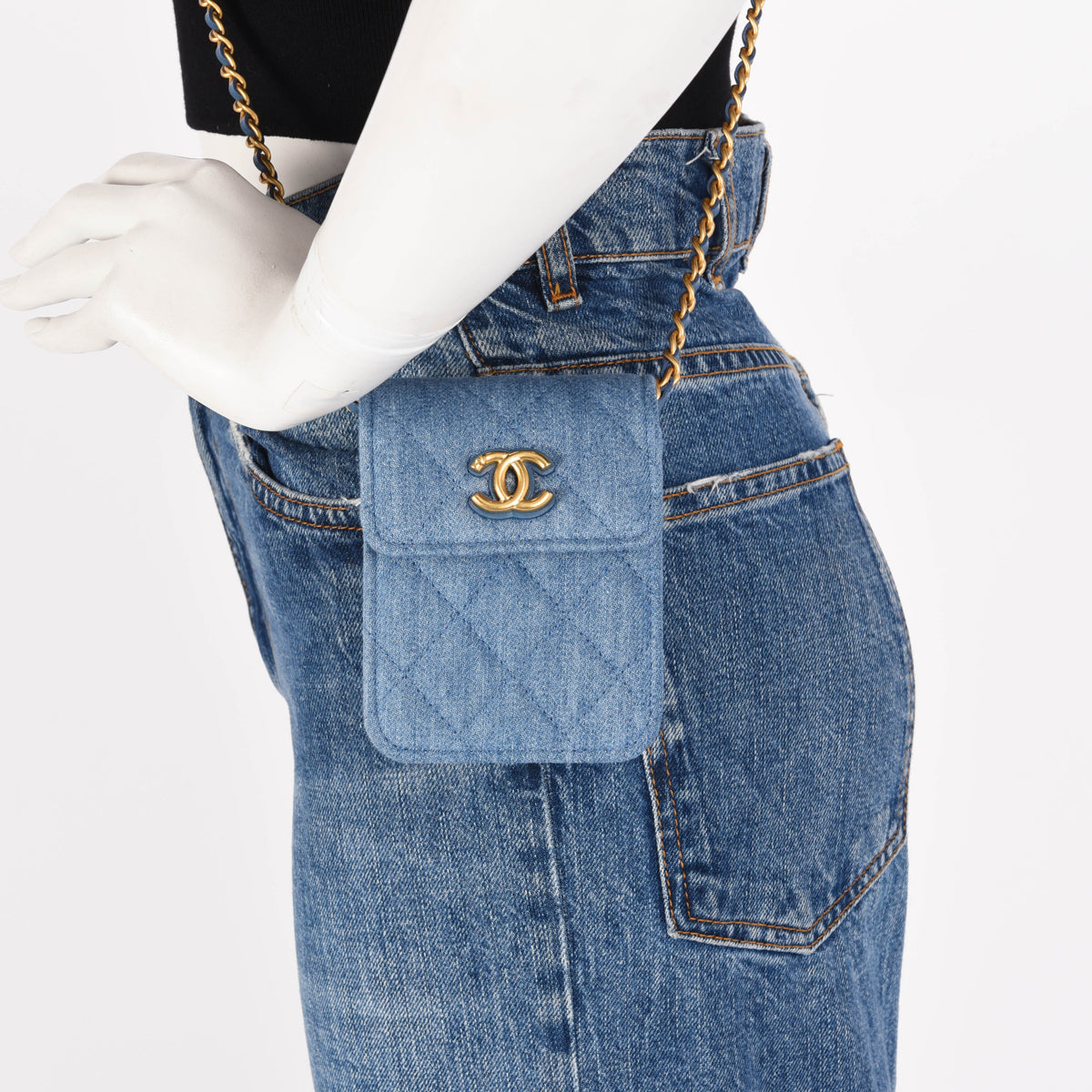 Chanel Blue Quilted Denim Flap Clutch With Chain