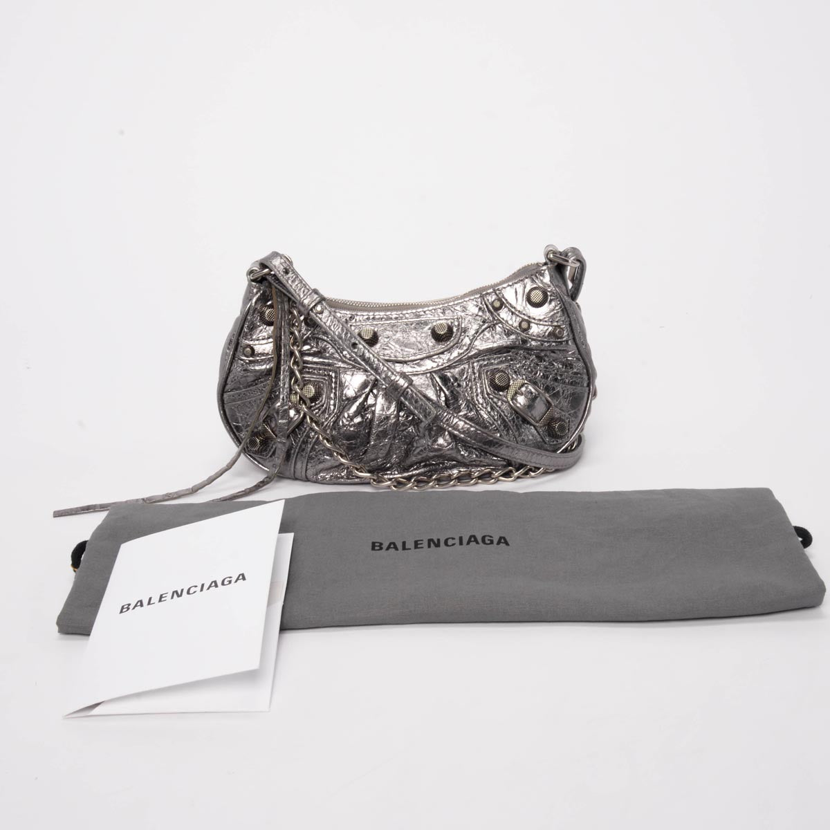 Balenciaga Silver Metallic Lambskin Le Cagole Mini Bag with Chain