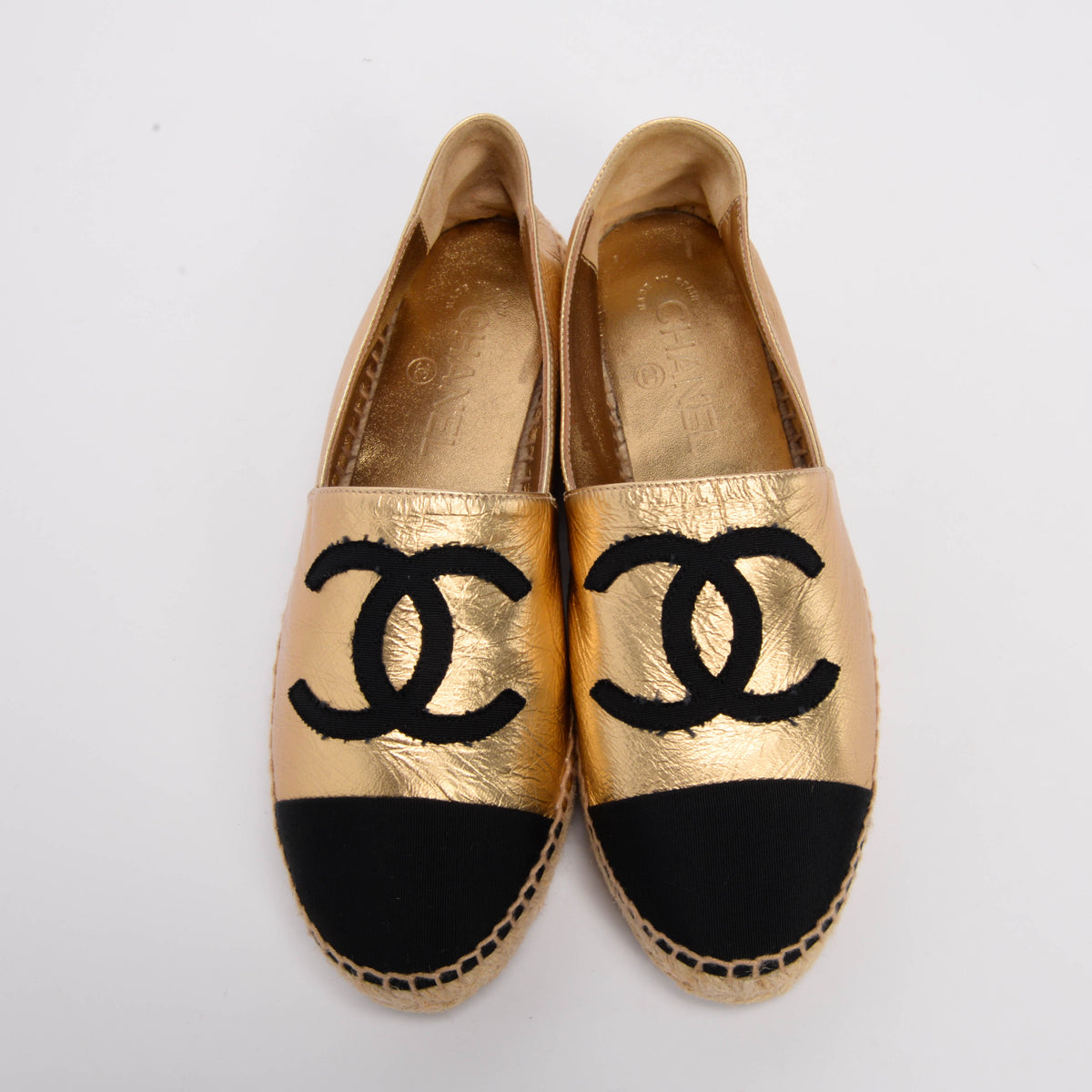 Chanel Gold & Black Lambskin CC Espadrilles 38