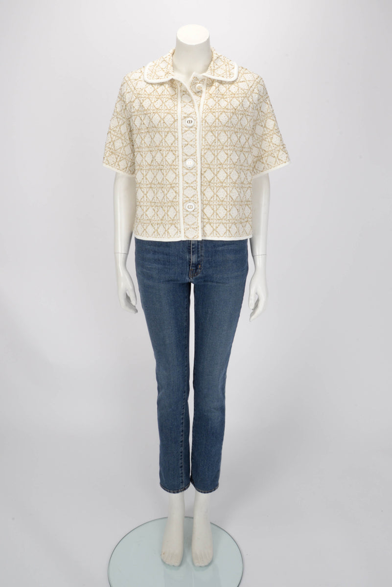 Dior White & Gold Tweed Macrocannage Short-Sleeved Jacket FR 42