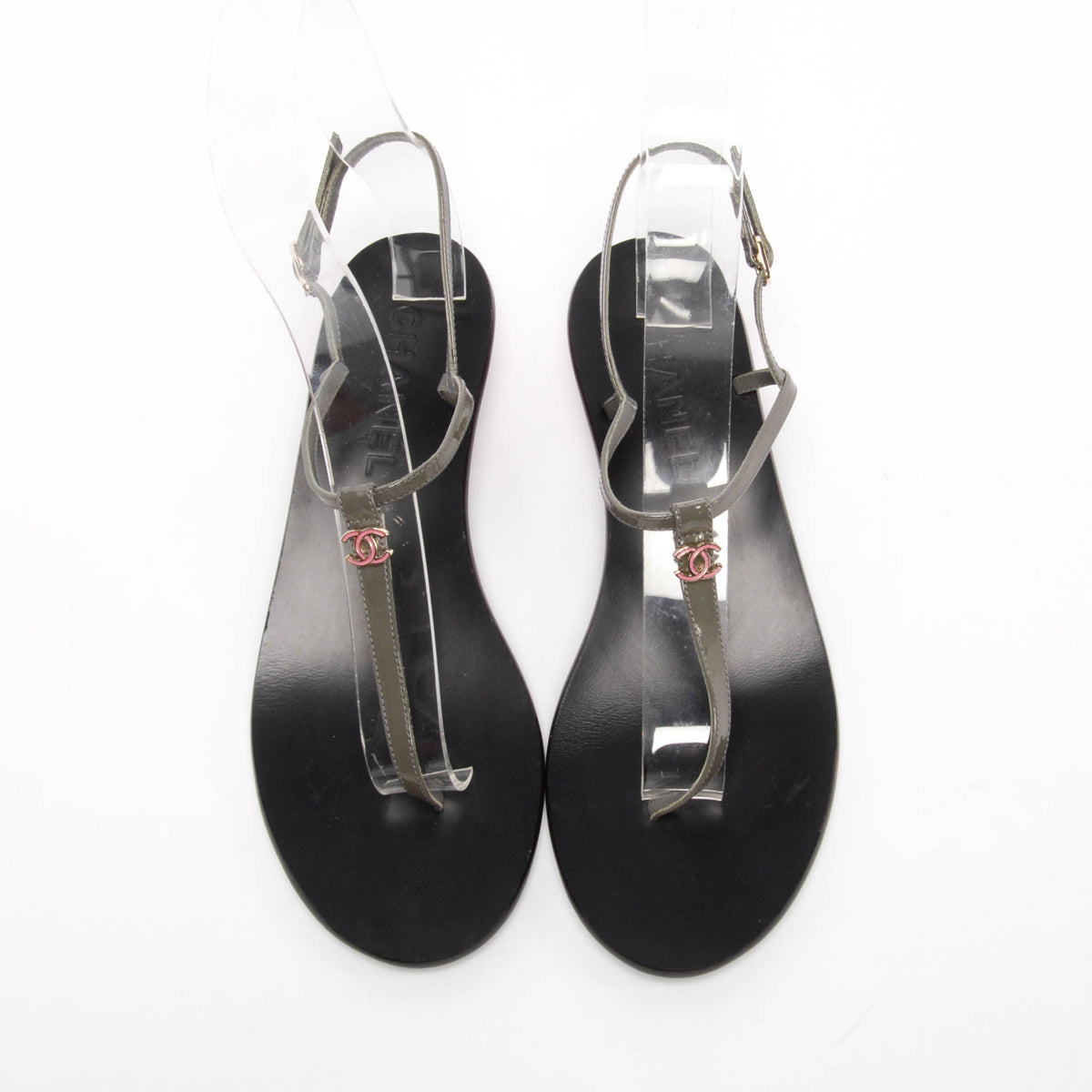 Chanel Khaki & Pink Patent CC Thong Sandals 37
