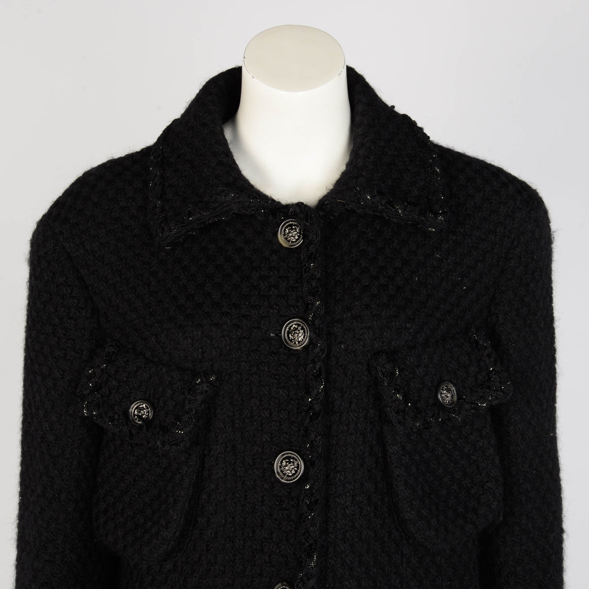 Chanel Black Wool Boucle Braided Trim Coat FR 50
