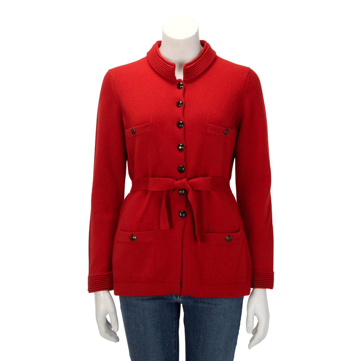 Chanel Red Cashmere Belted Mandarin Collar Cardigan Jacket FR 40