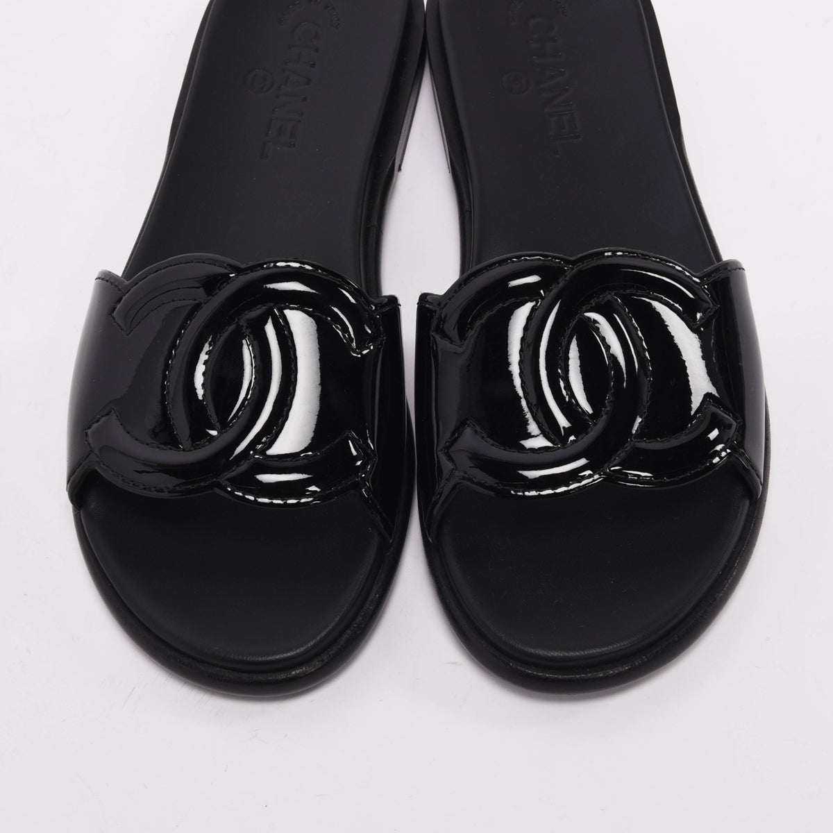 Chanel Black Patent Leather CC Slides 40
