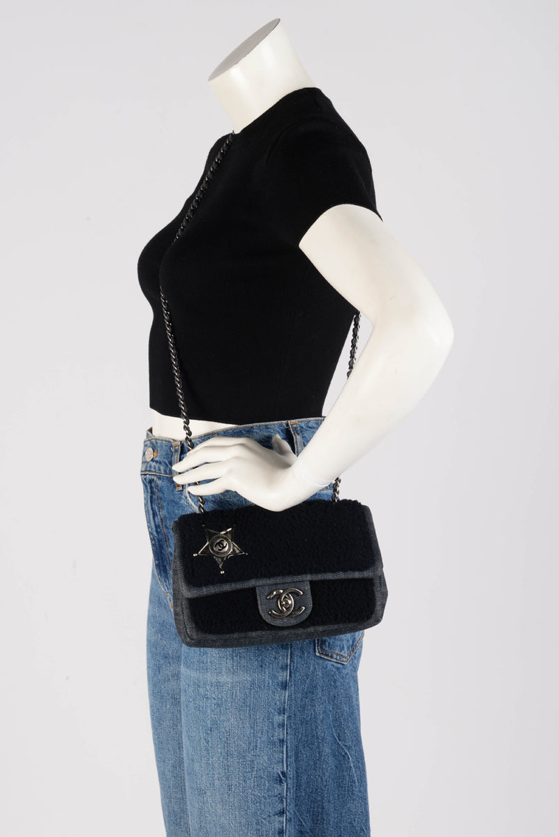 Chanel Navy Denim & Shearling Paris to Dallas Small Flap Bag