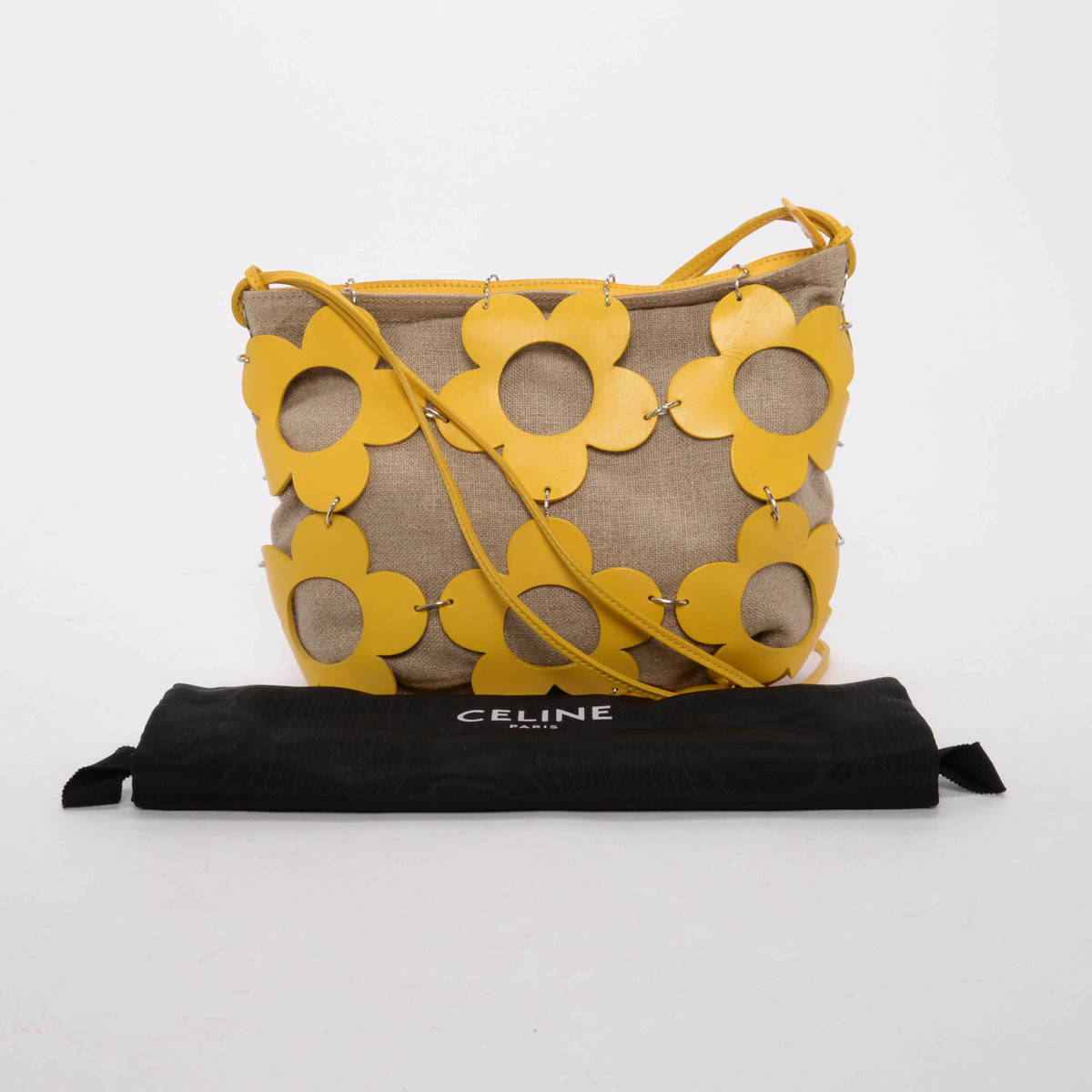 Celine Vintage Yellow Canvas & Calfskin Cutout Flower Bag