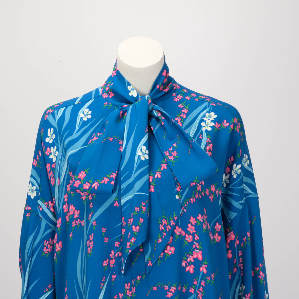 Balenciaga Blue Floral Print Neck Tie Blouse FR 38