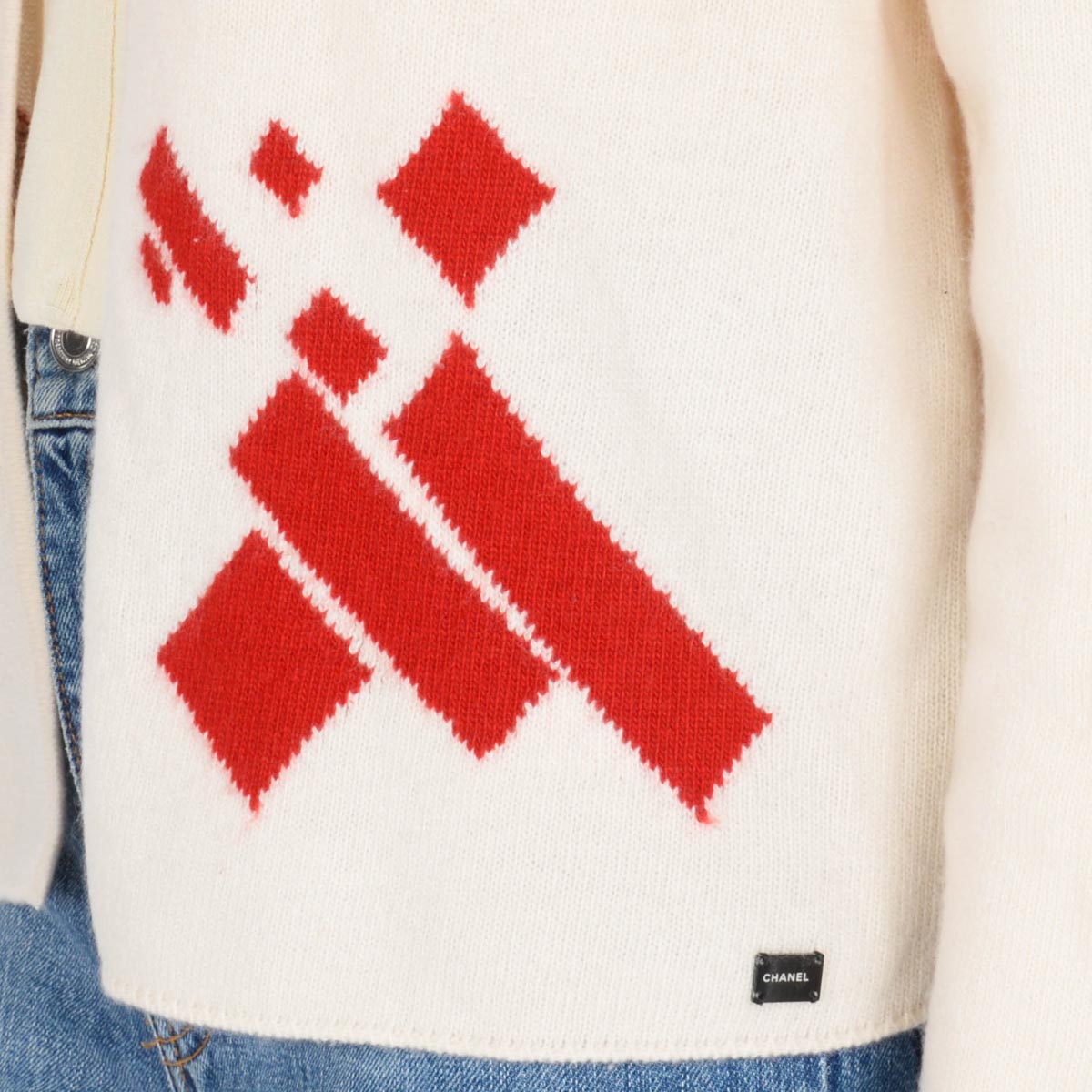Chanel Ecru & Red Cashmere Open Cardigan FR 46