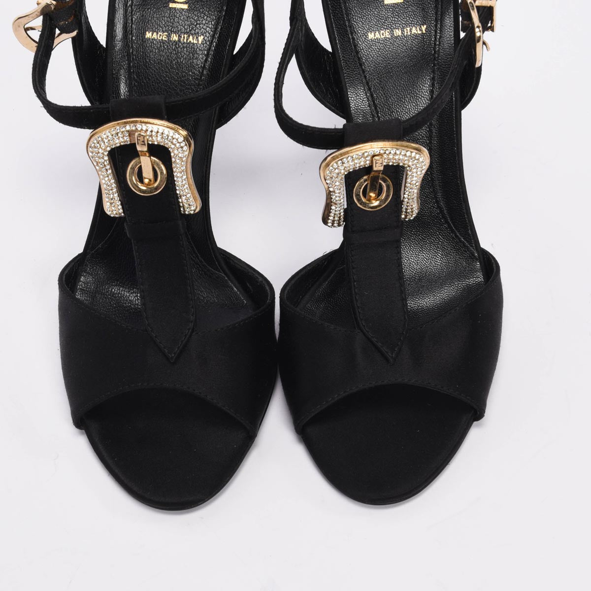 Fendi Black Satin Crystal Buckle Sandals 38