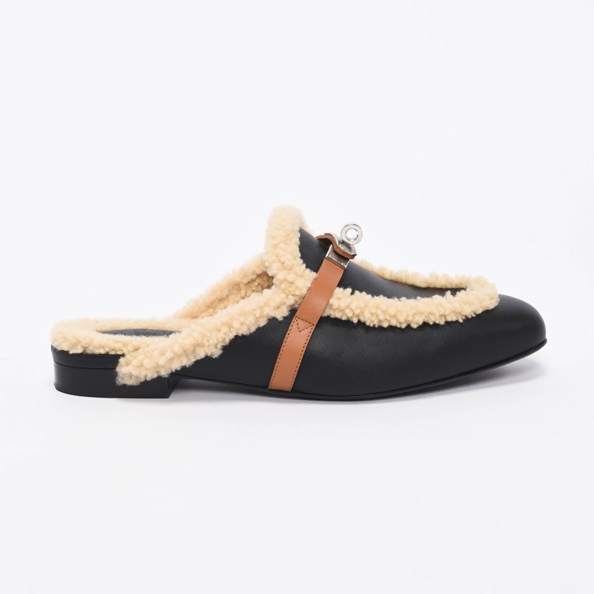 Hermes Black & Natural Goatskin & Shearling Oz Mules 39