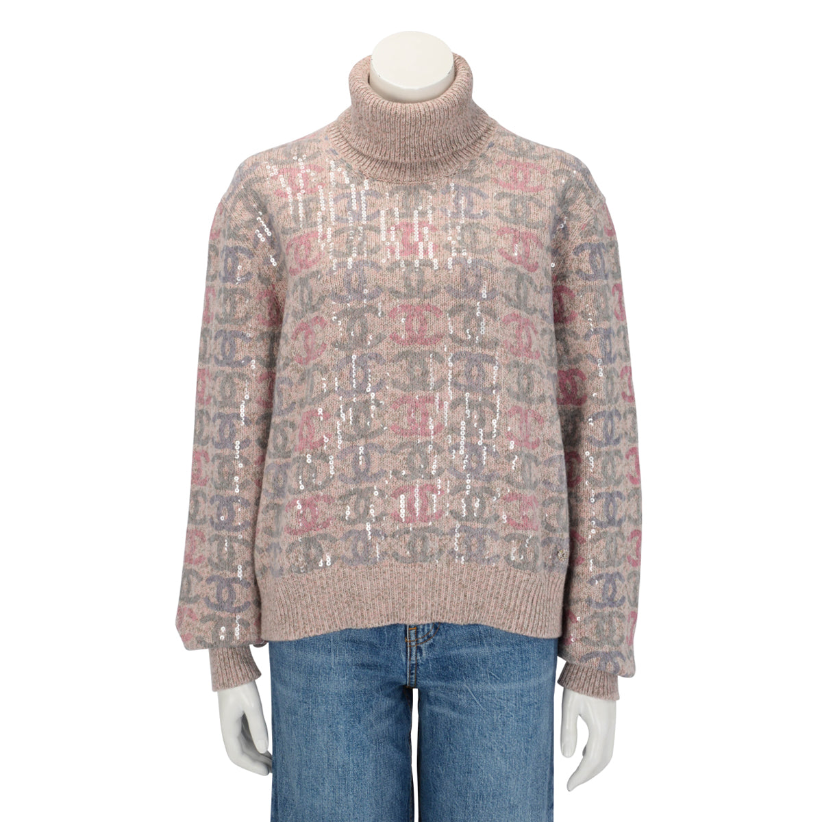 Chanel Pink Cashmere CC Sequined Turtleneck Sweater FR 50