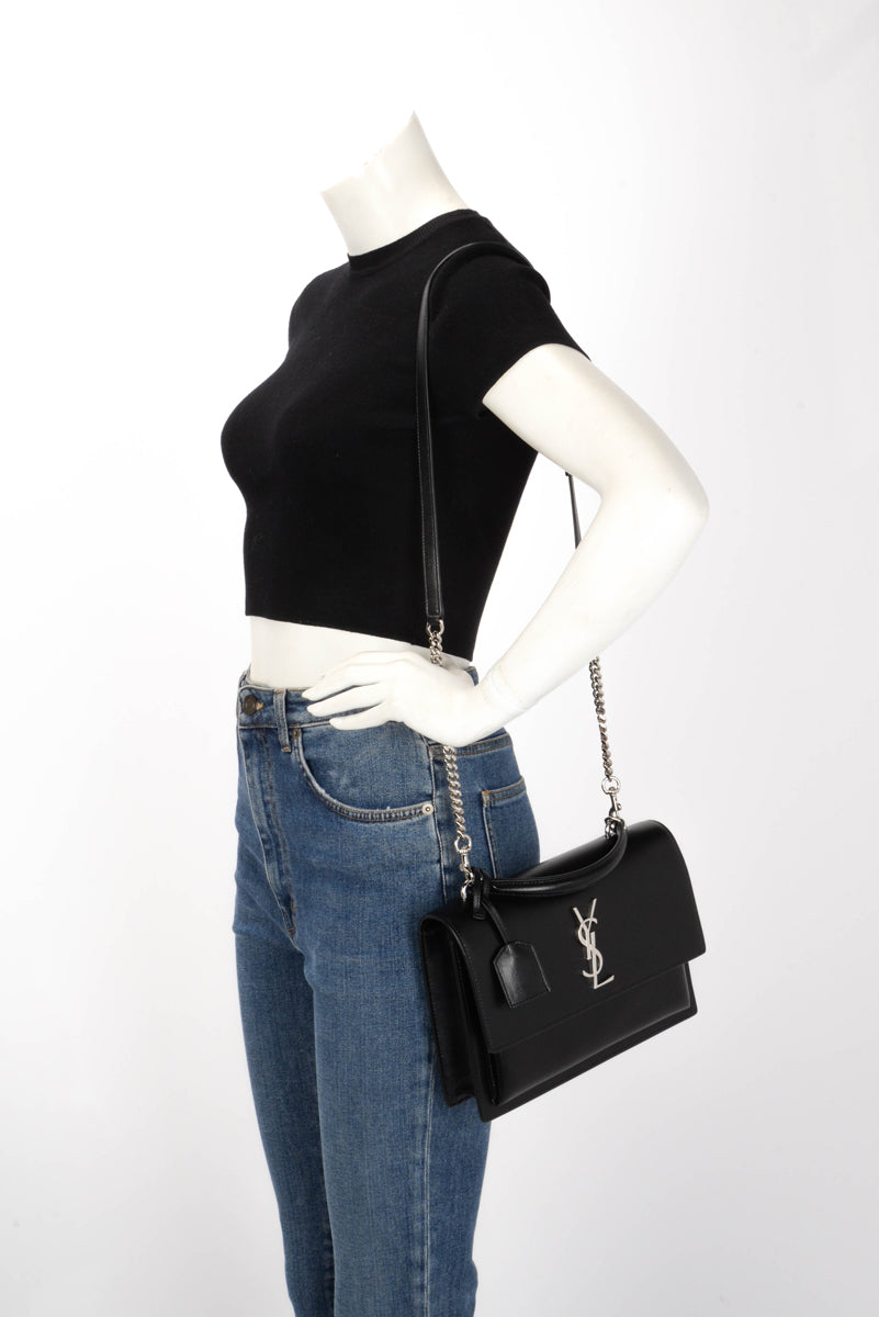 Saint Laurent Black Calfskin Medium Sunset Top Handle Bag