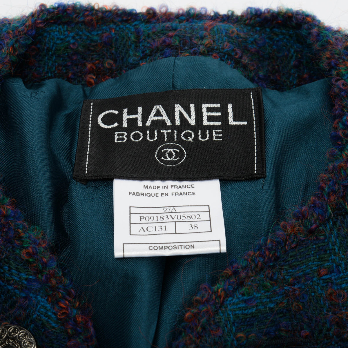 Chanel Teal Fantasy Tweed Edge to Edge Jacket FR 38