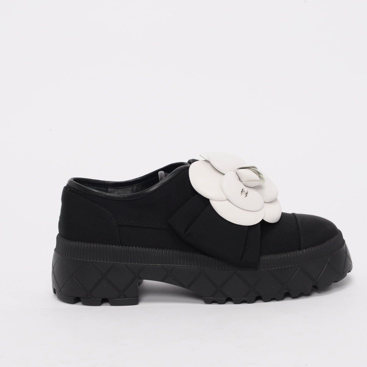 Chanel Black Grosgrain Camellia Lace Up Loafers 36