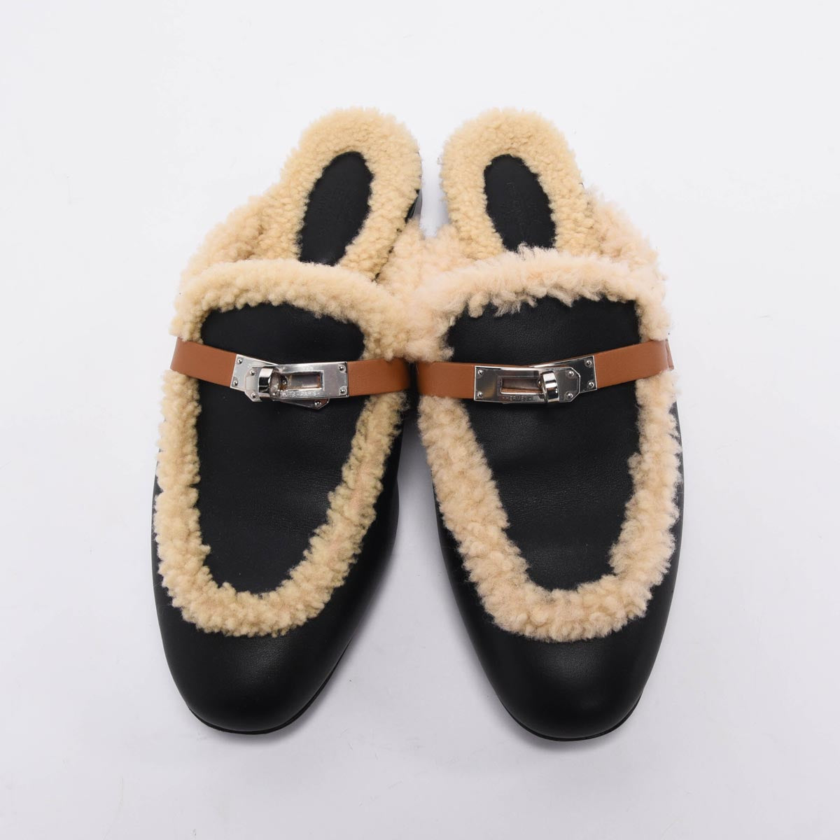 Hermes Black & Natural Goatskin & Shearling Oz Mules 39