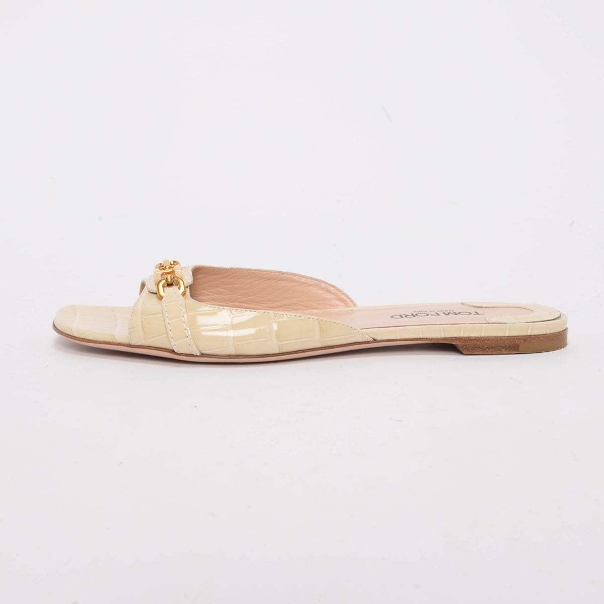 Tom Ford Beige Patent Croc Open Toe Flats 39