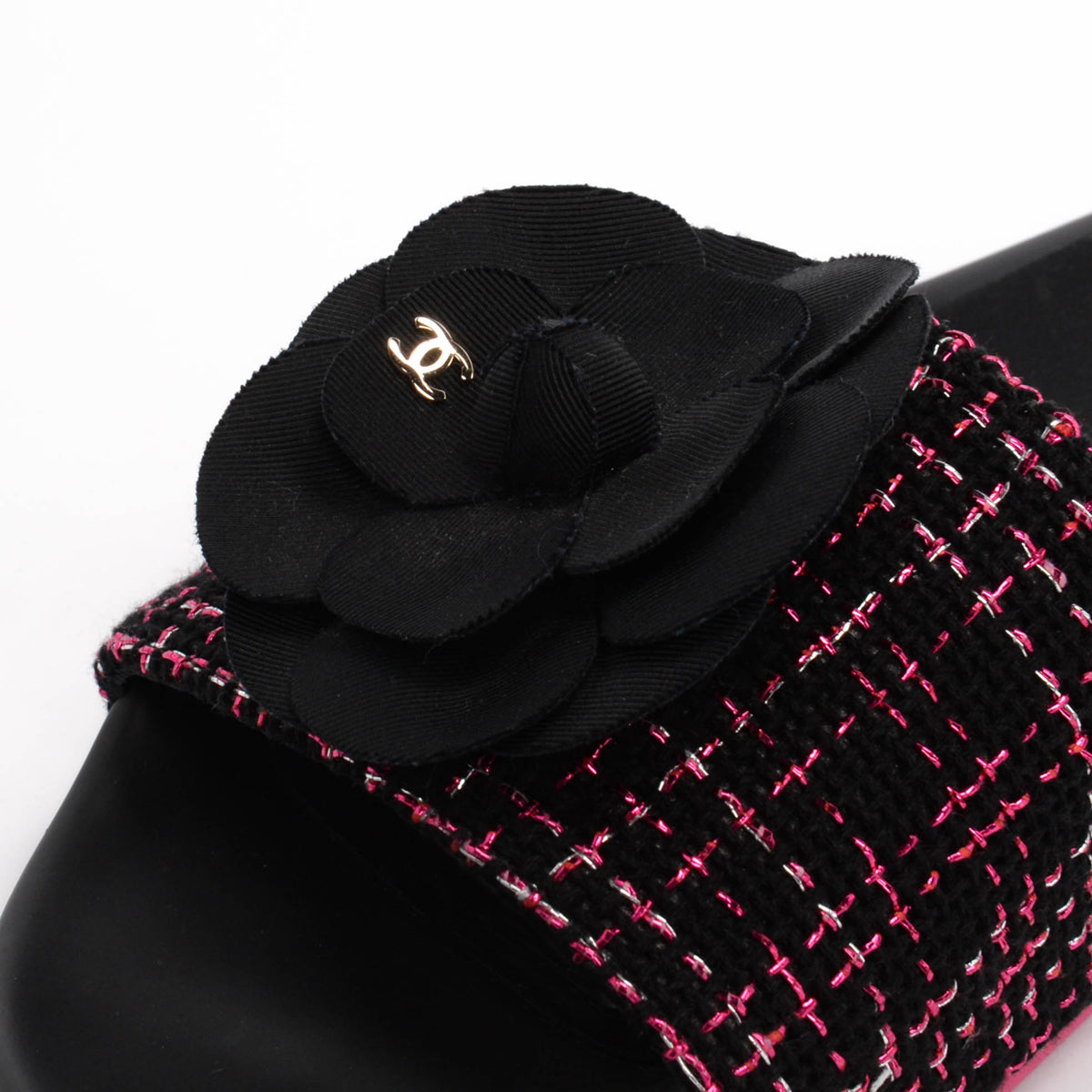 Chanel Black & Pink Tweed Camellia Slides 37