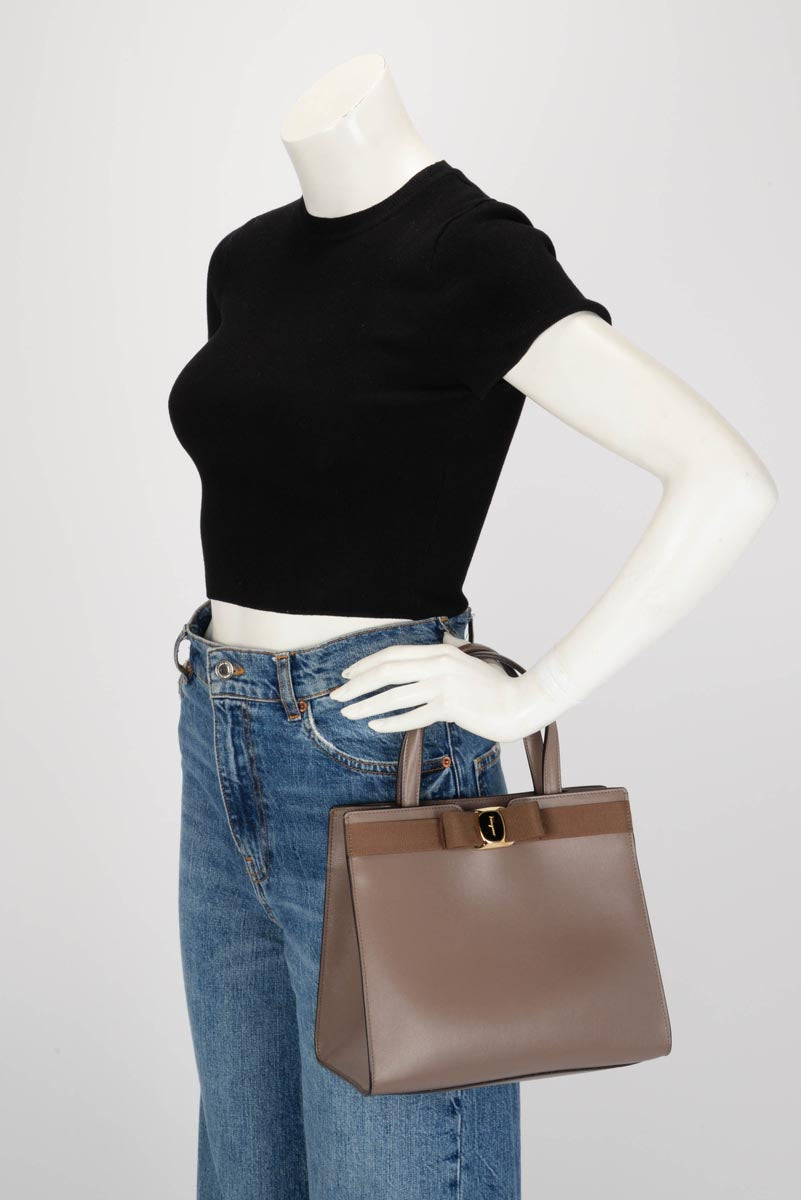 Ferragamo Taupe Calfskin Vara Bow Tote