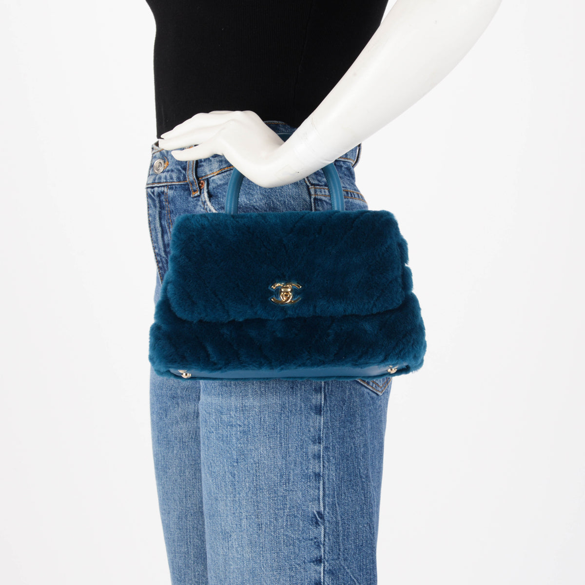 Chanel Teal Shearling Small Coco Handle Bag