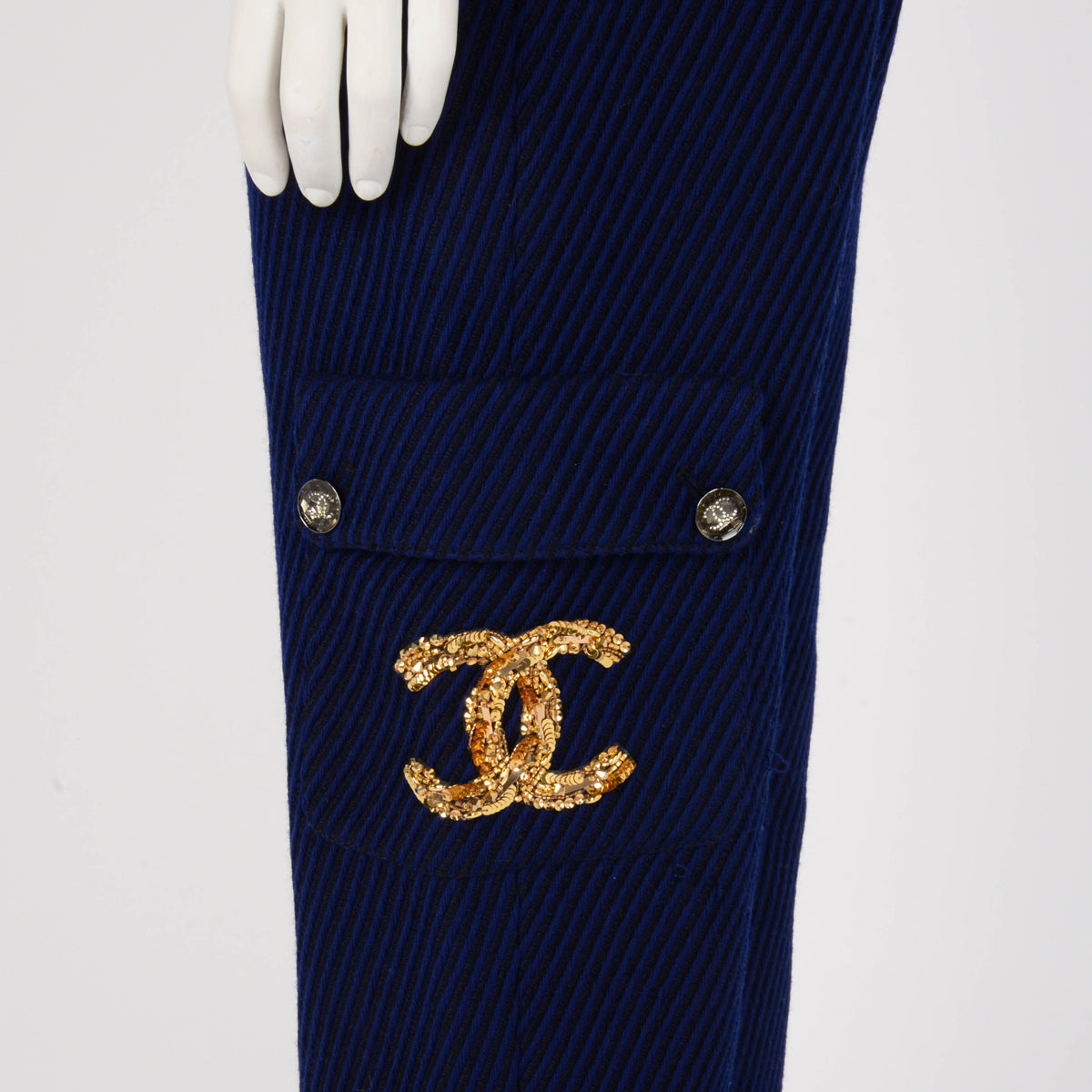 Chanel Blue & Black Wool Twill Gold Embroidered CC Pants FR 34