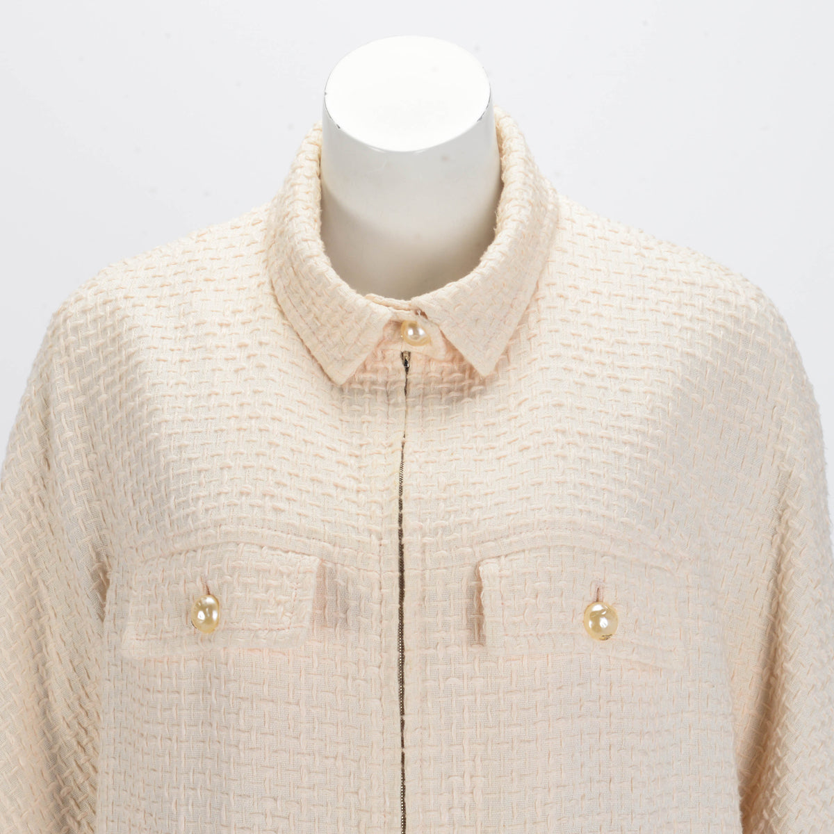 Chanel Cream Cotton Pearl Button Zip Up Jacket