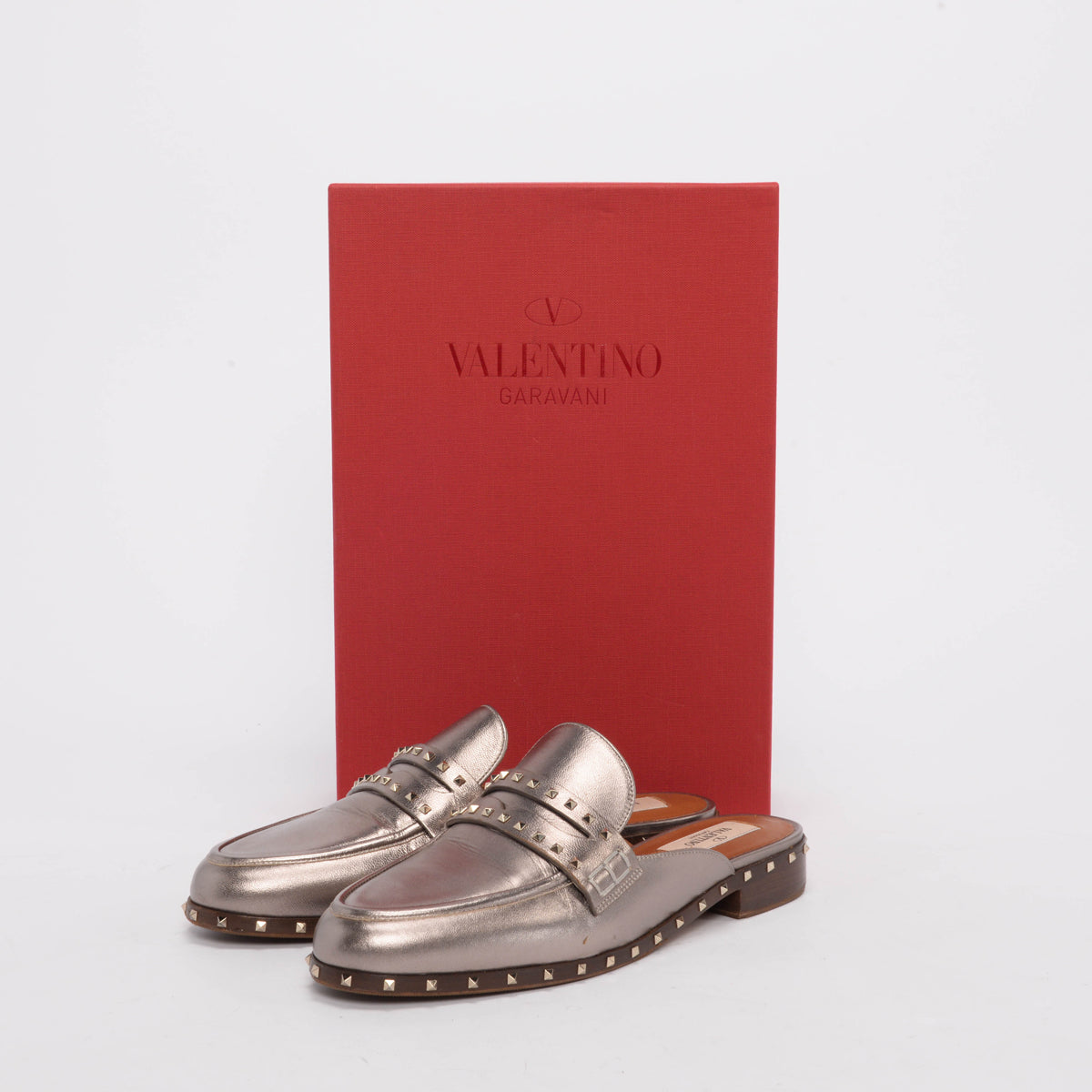 Valentino Bronze Leather Micro Rockstud Mules 37