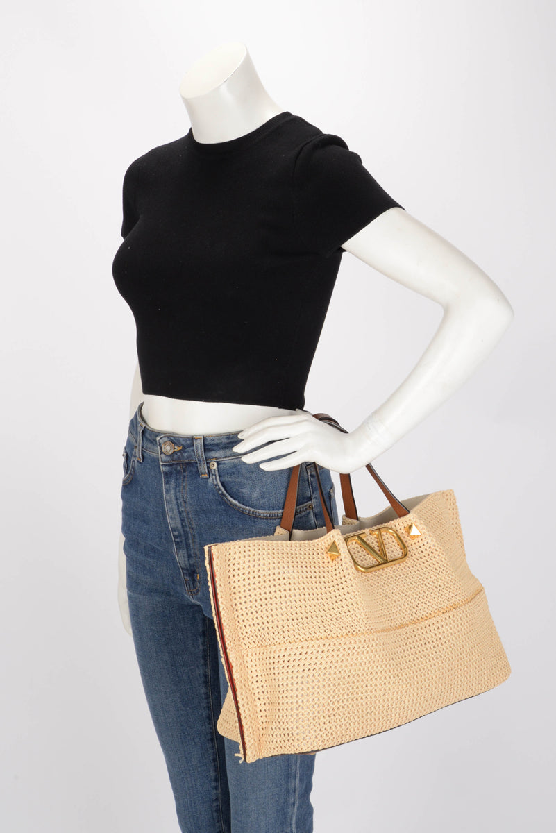 Valentino Tan Calfskin & Raffia Medium Rockstud VLogo Tote