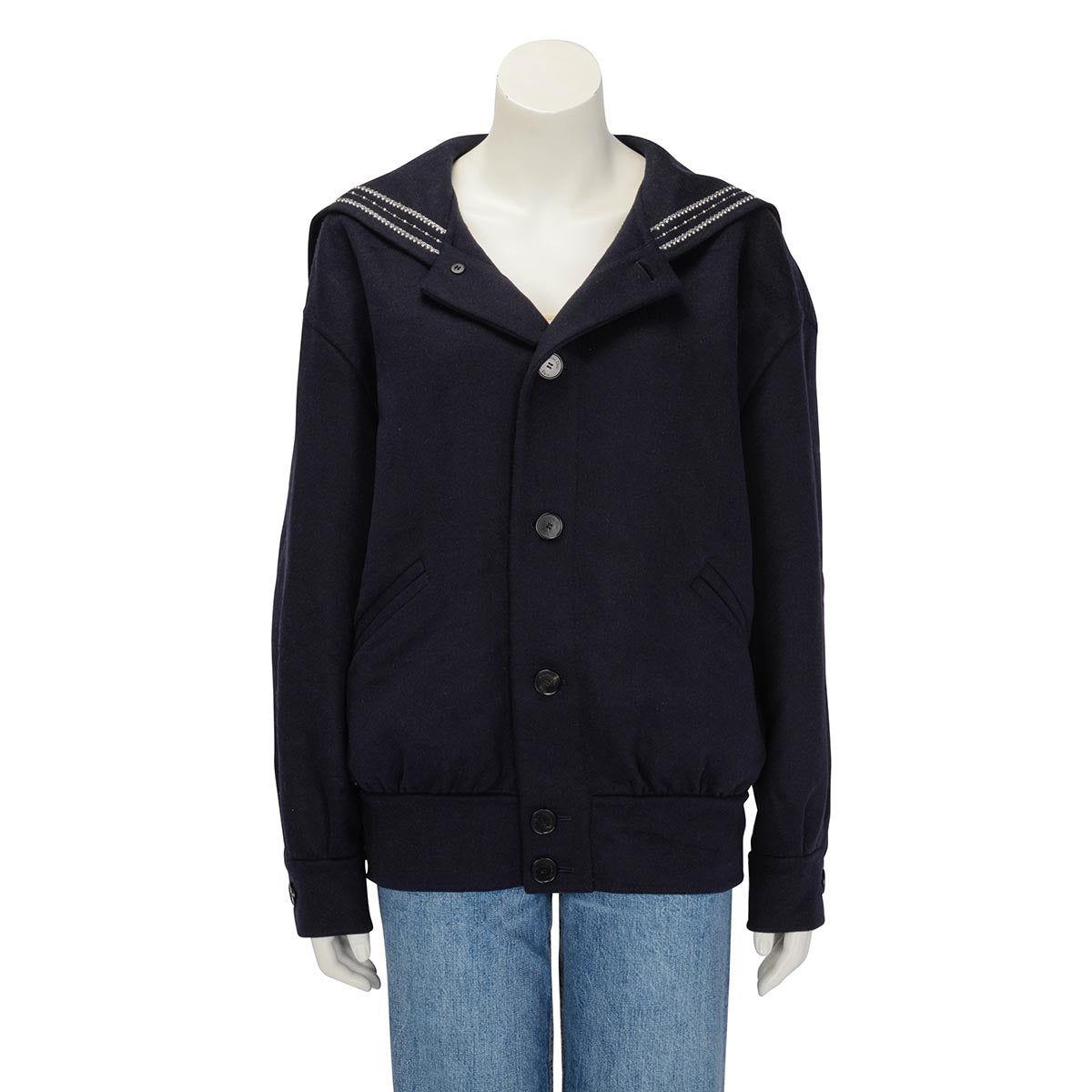 Dior Navy Wool Pearl Embellished Logo Jacket FR 36