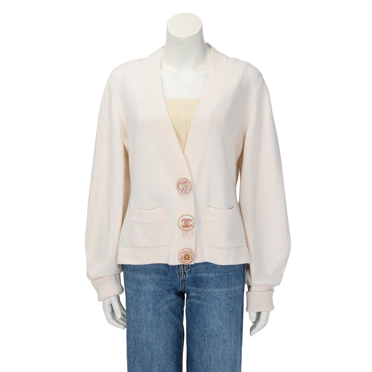Chanel Cream Cashmere 22A Embellished Button Cardigan FR 46