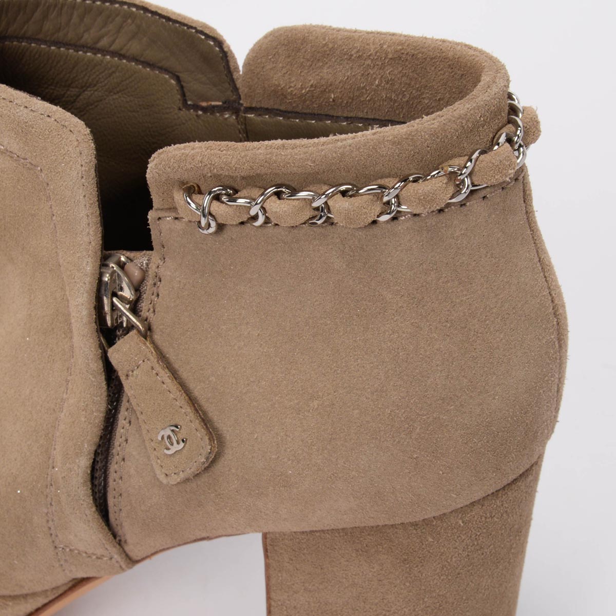 Chanel Beige Glitter Suede CC Chain Detail Ankle Boots 41