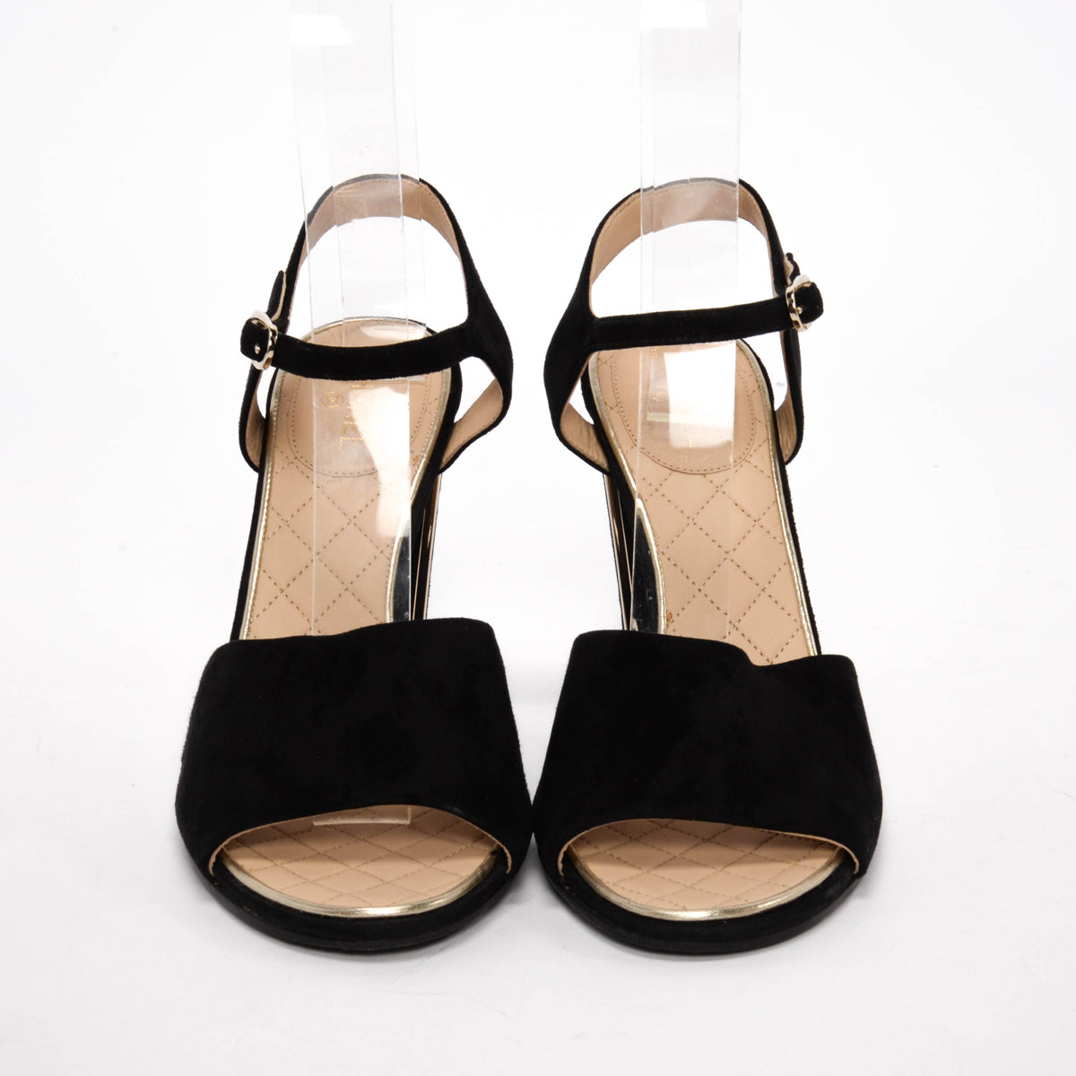 Chanel Black Suede Gold Trim Sandals 40