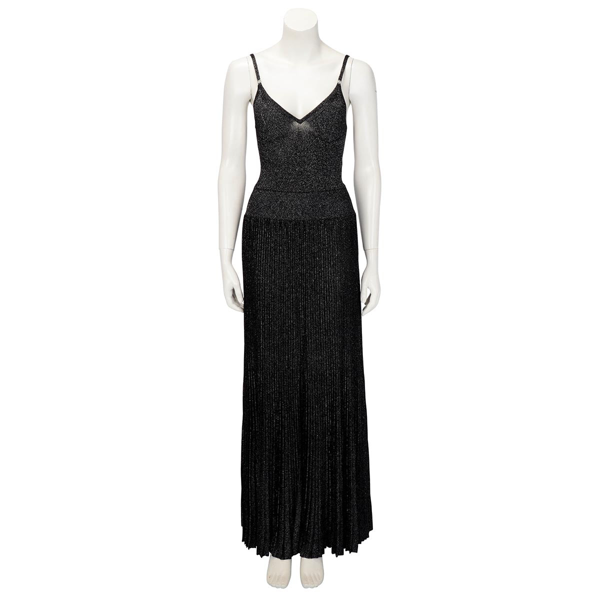slim fit dress slacks Chanel Gunmetal Glitter Fabric Pleated CC Maxi Dress FR 42