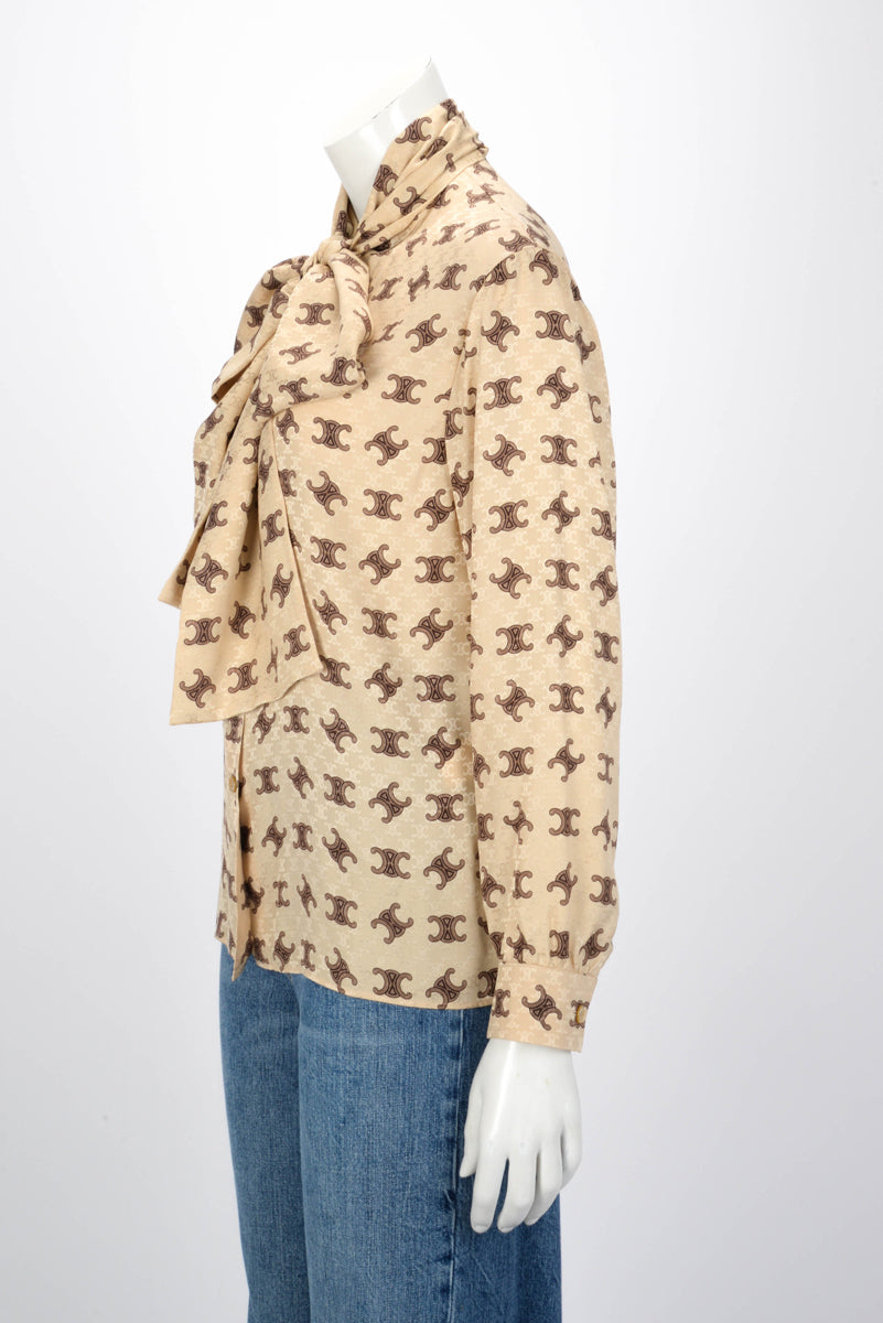 Celine Beige Silk Triomphe Tie-Neck Blouse FR 38