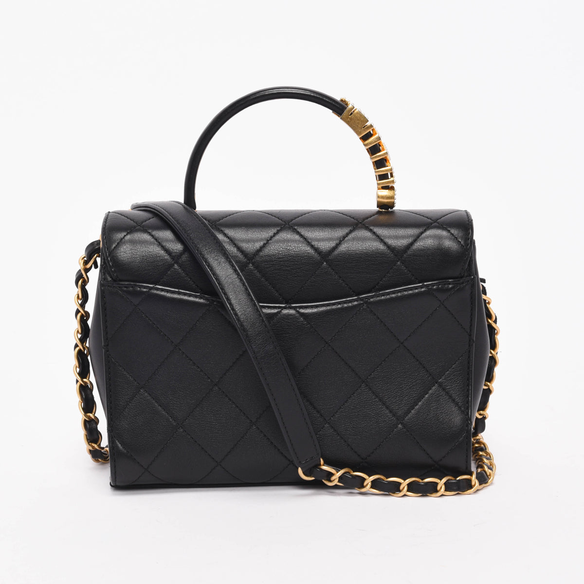 Chanel Black Calfskin Pearl Logo Top Handle Flap Bag