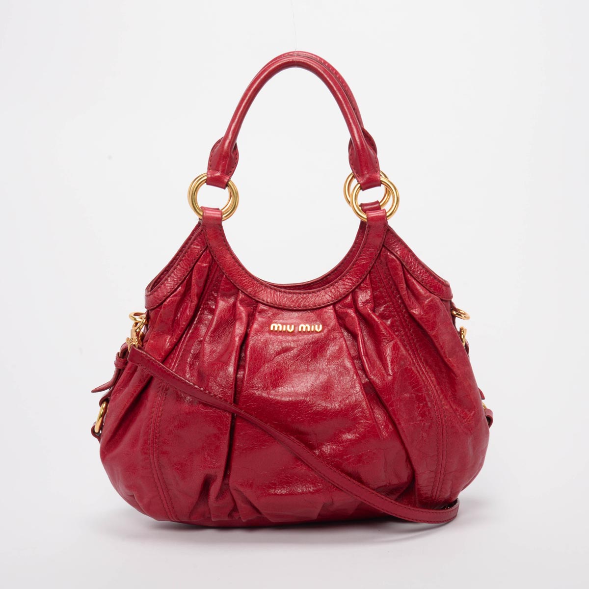 Miu Miu Red Vitello Pleated Hobo Bag