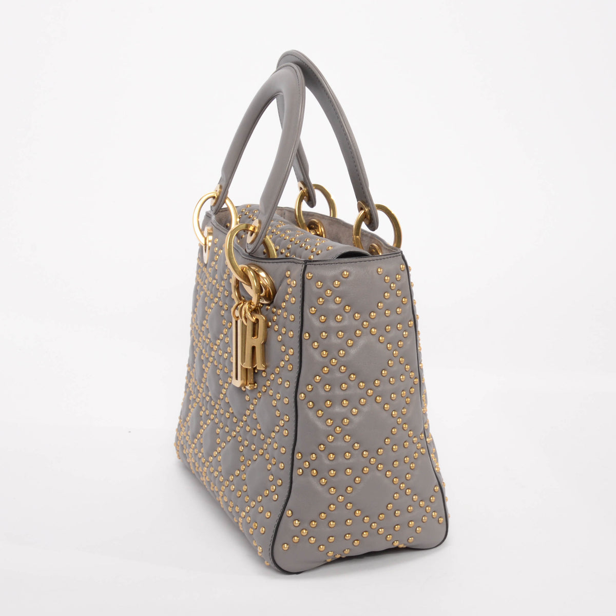 Dior Grey Studded Leather Medium Supple Lady Dior Bag