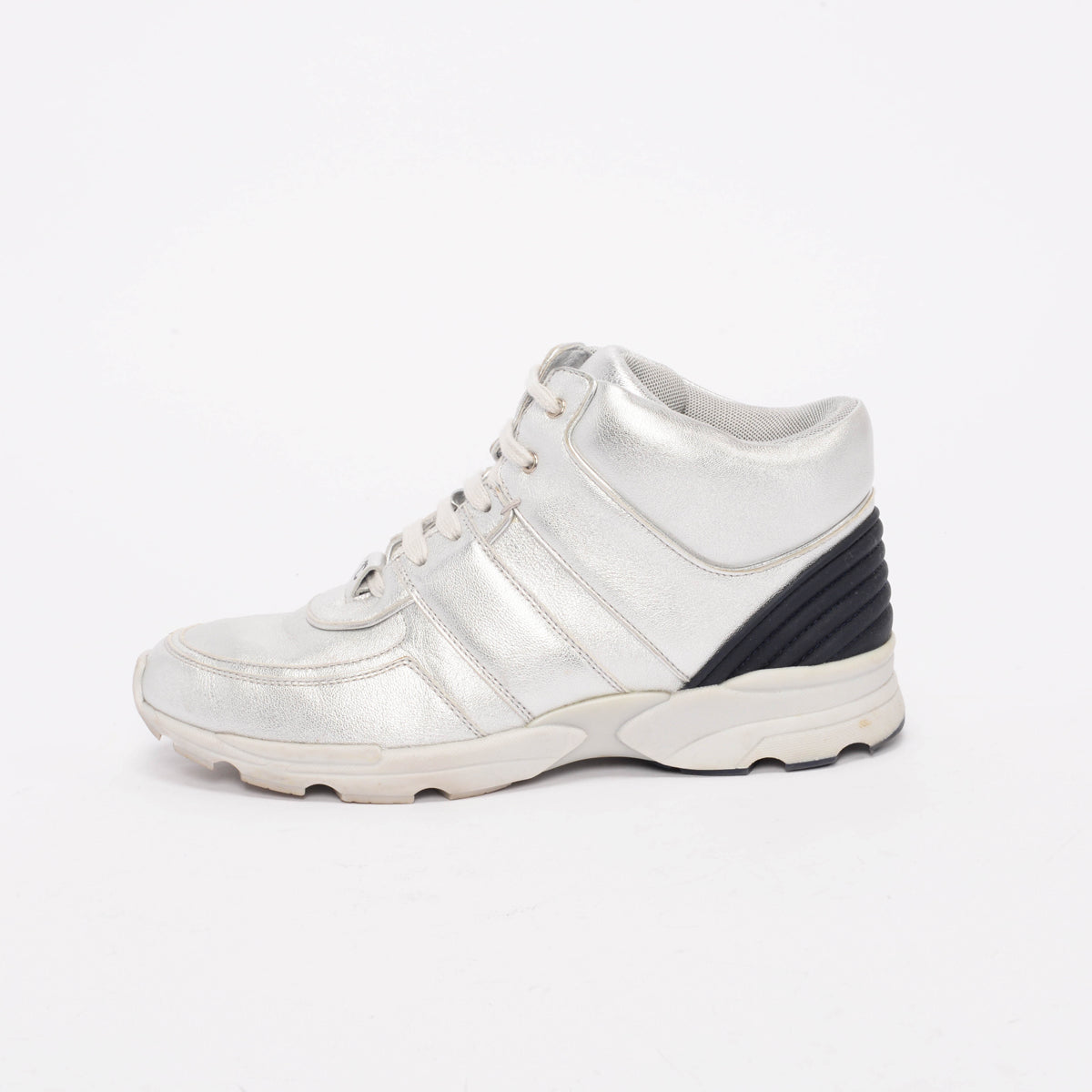 Chanel Silver Metallic Leather High Top Sneakers 39