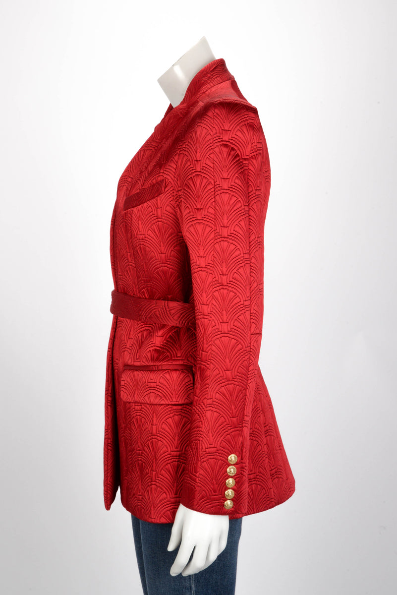 Balmain Red Fan Jacquard Belted Jacket FR 42