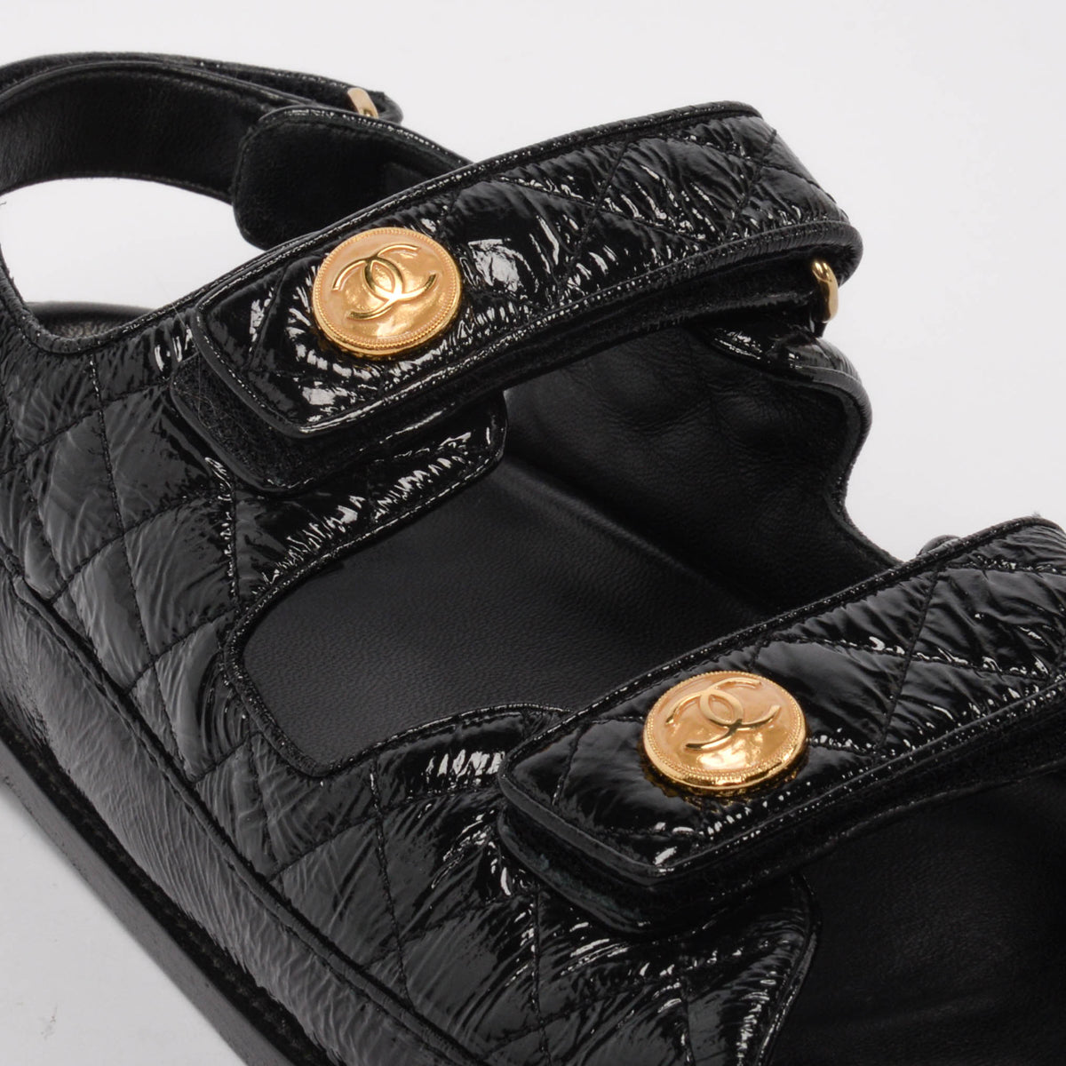 Chanel Black Crinkled Patent Dad Sandals 41.5