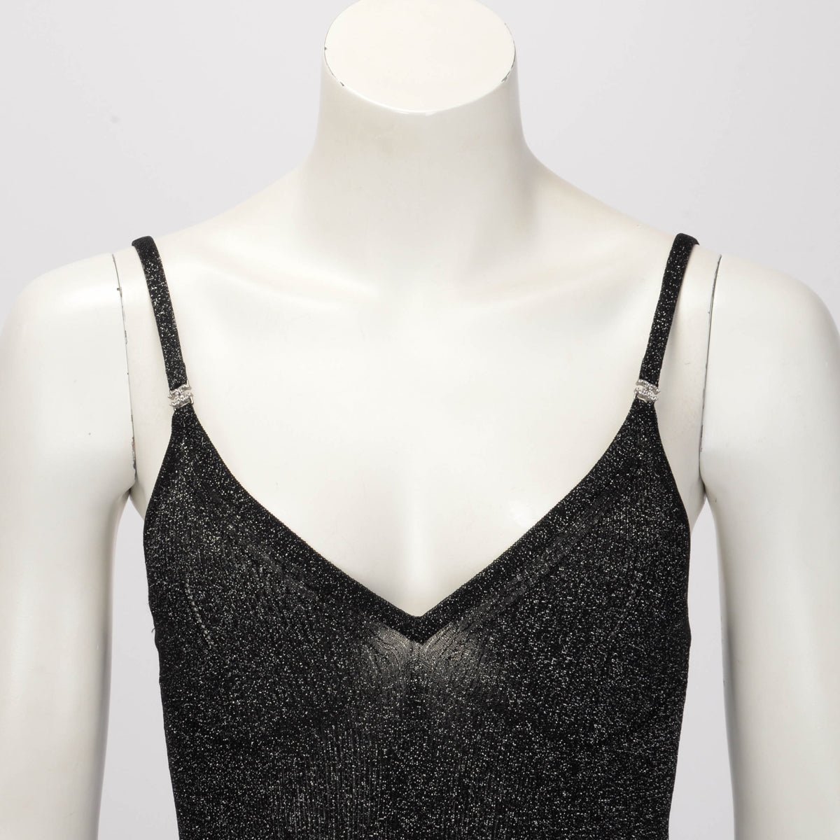 Chanel Gunmetal Glitter Fabric Pleated CC Maxi Dress FR 42