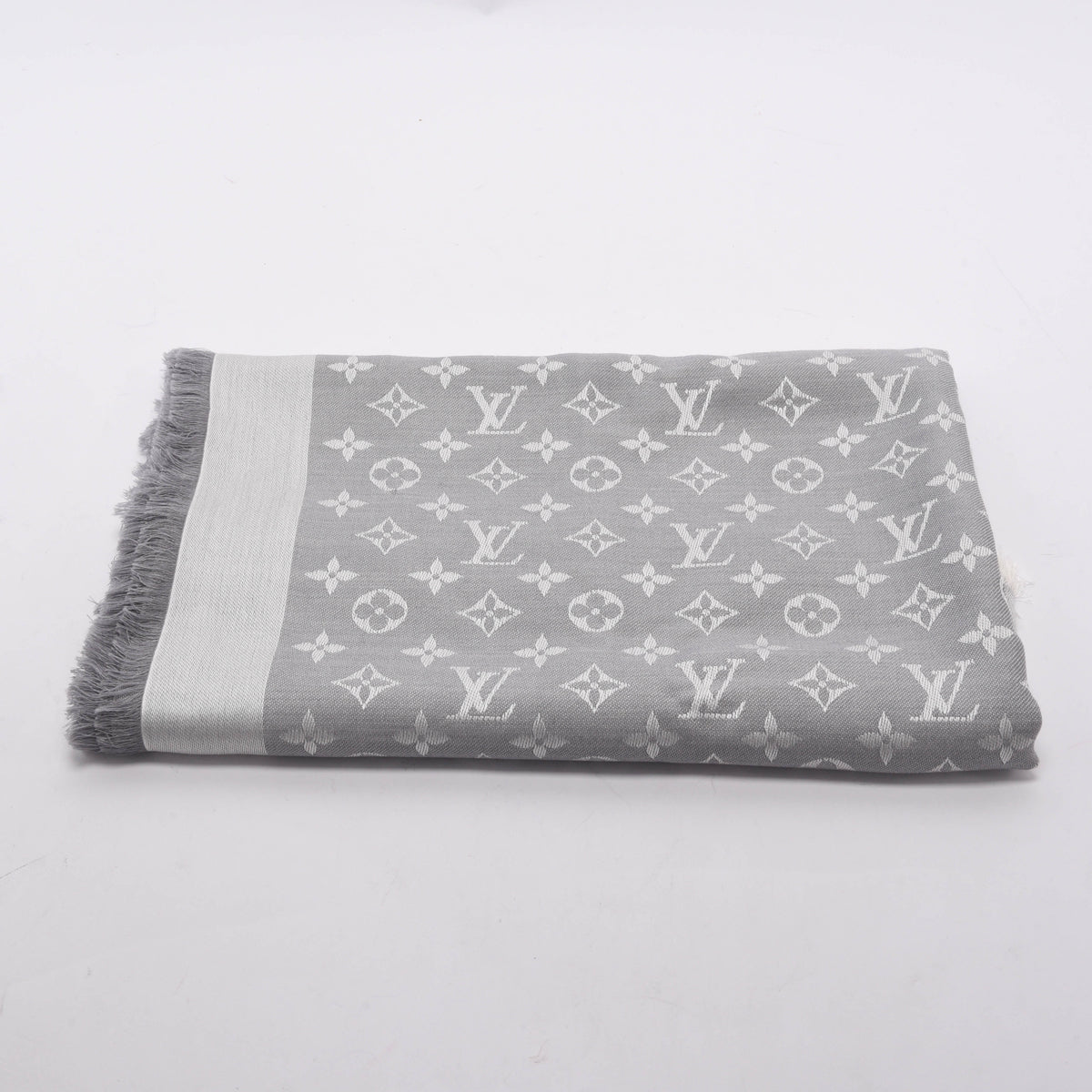 Louis Vuitton Pearl Grey Silk & Wool Denim Monogram Shawl